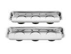 Two rectangular stainless steel trays with three circular indentations each