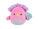 Pink Squishmallows Sweetpea plush toy with purple fluffy trim and tag.