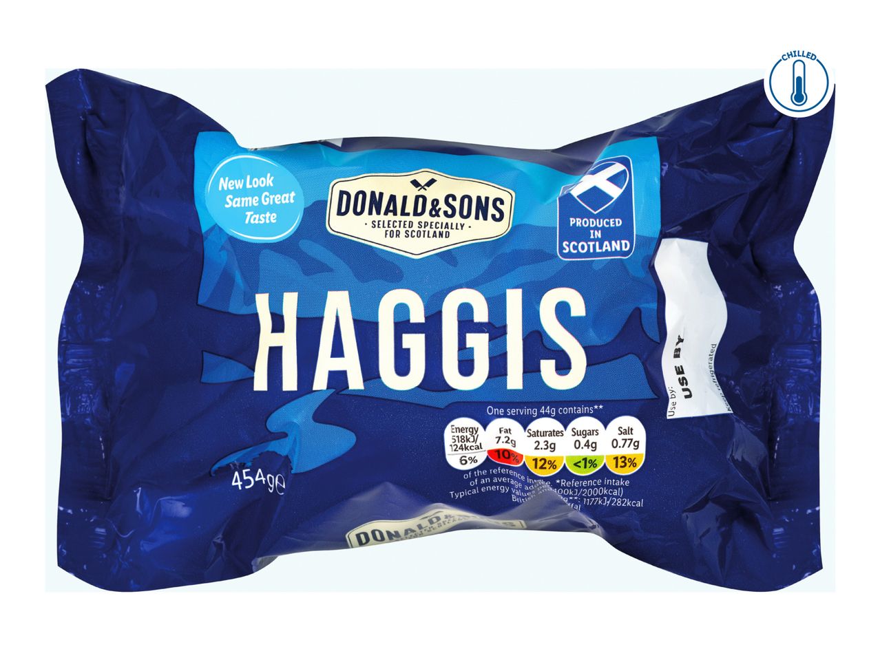 Donald & Sons Haggis, 454g, with nutritional information and a 'Chilled' icon.