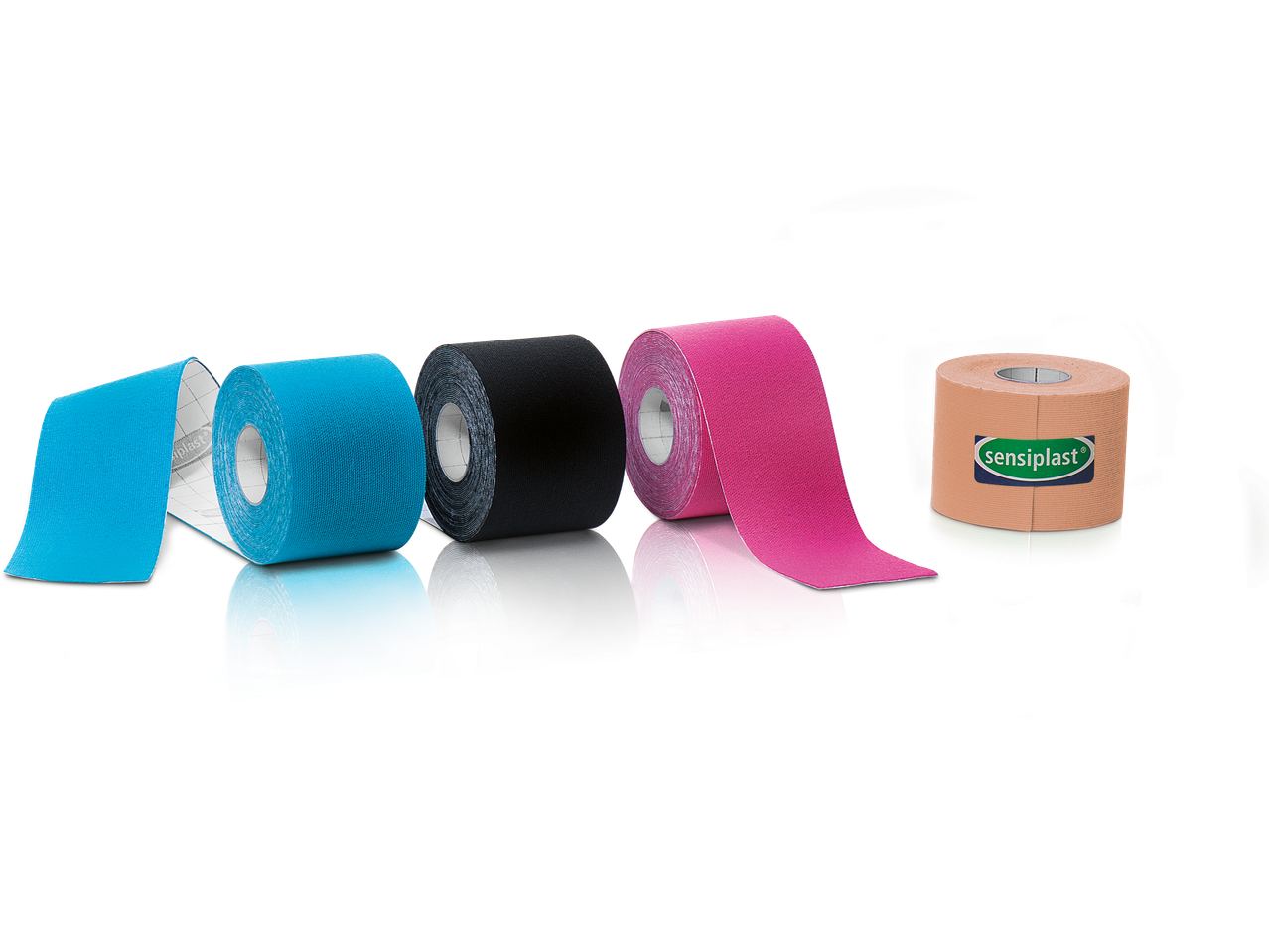 Four rolls of kinesiology tape in blue, black, pink, and beige with a Sensiplast logo.