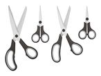 Four pairs of black and grey scissors in different sizes on a white background.