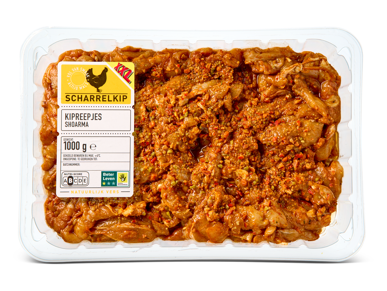 Verpakking met 1000g gemarineerde kipreepjes shoarma, met Nutri-Score A en 3 Beter Leven sterren.