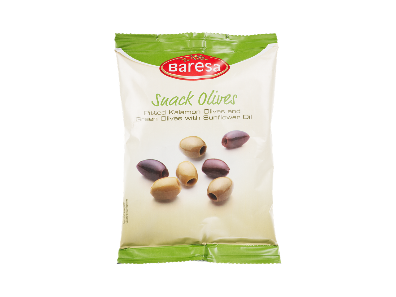 Bareša Snack Olives: măsline Kalamata și verzi în ulei de floarea-soarelui.