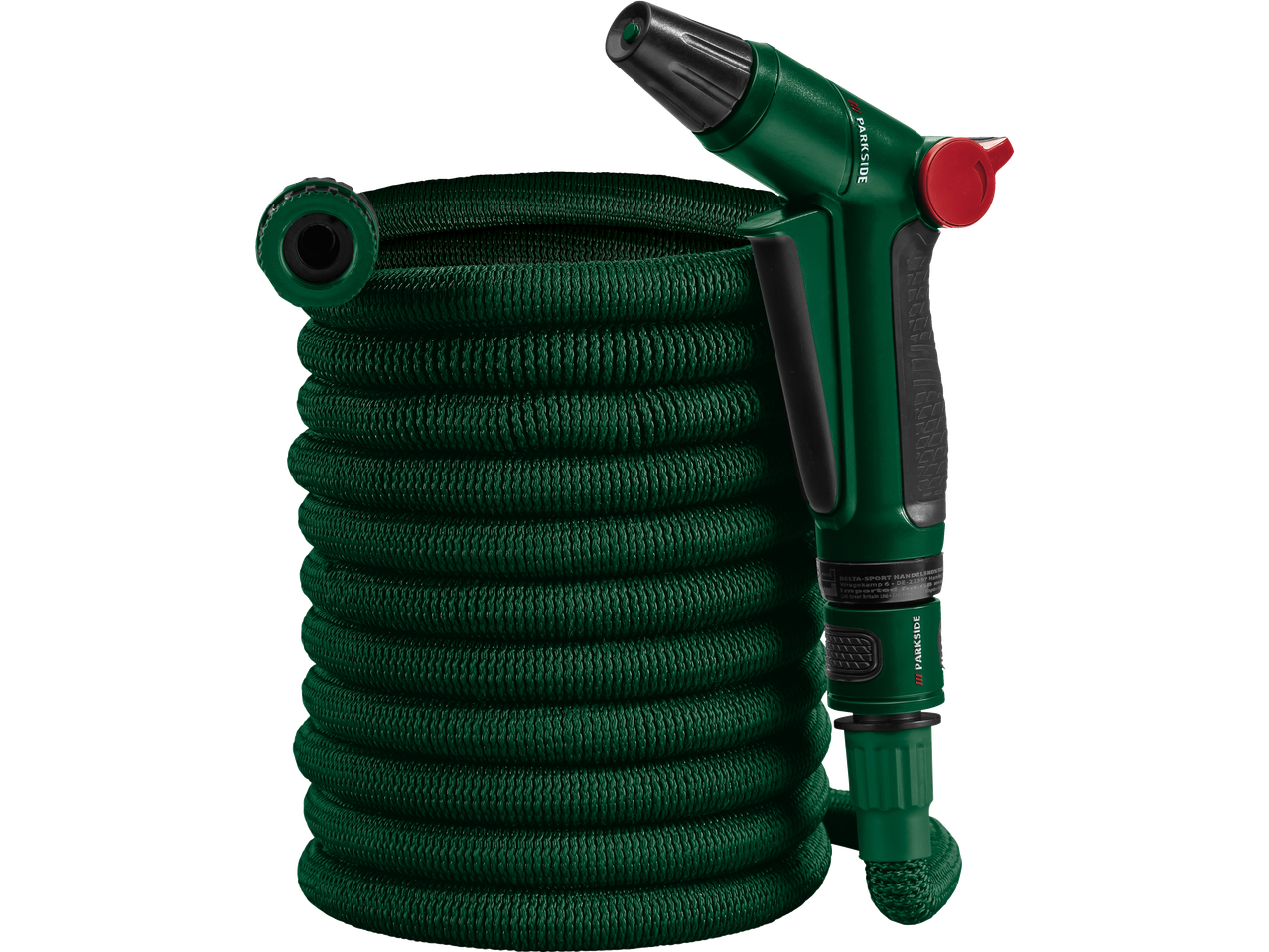 Green garden hose with a spray gun, coiled neatly.