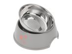 Grey plastic pet bowl with pink hearts and a removable stainless steel insert