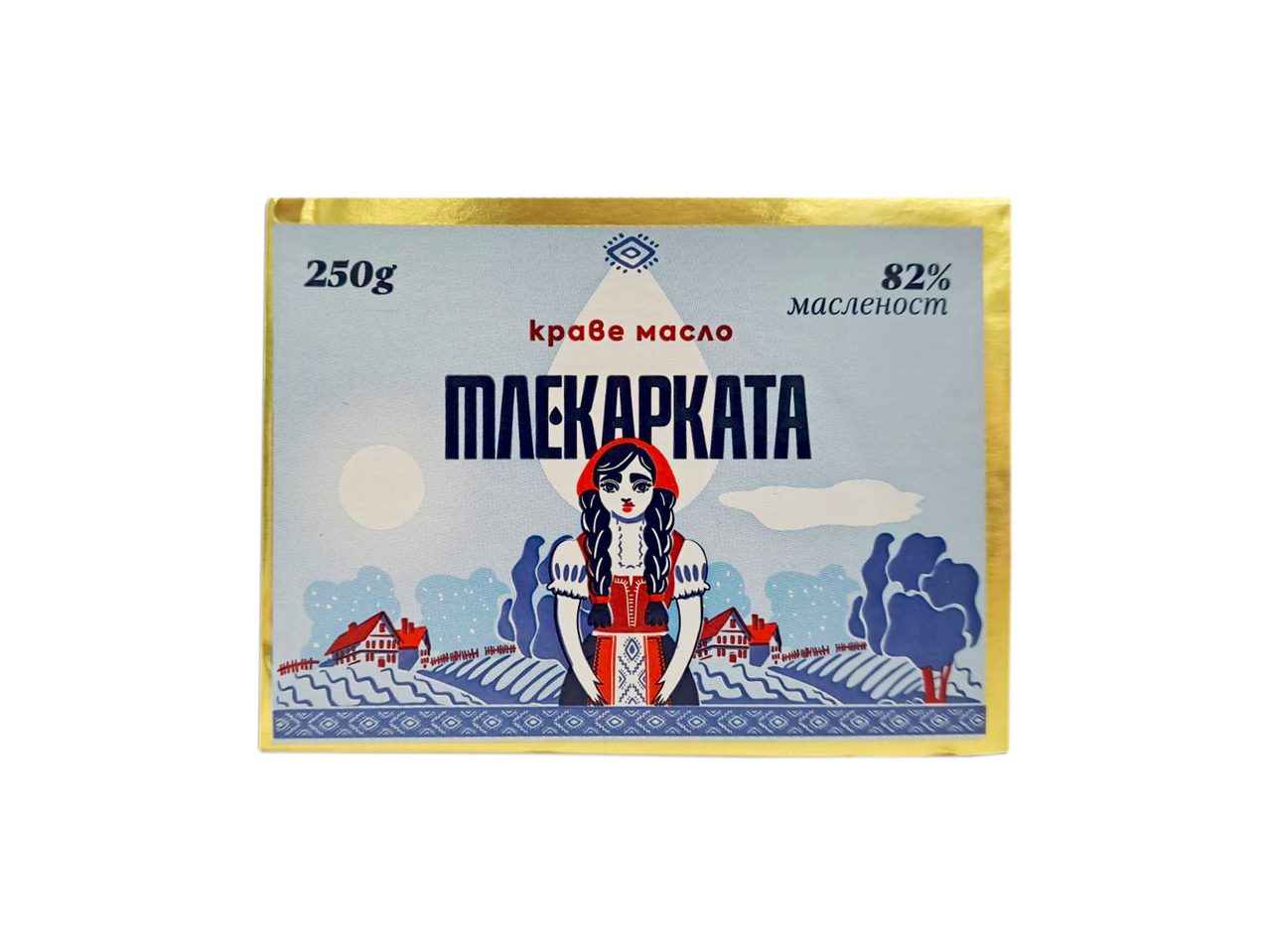 Опаковка масло с 82% масленост, 250гр, с илюстрация на жена в традиционна носия и селски пейзаж.