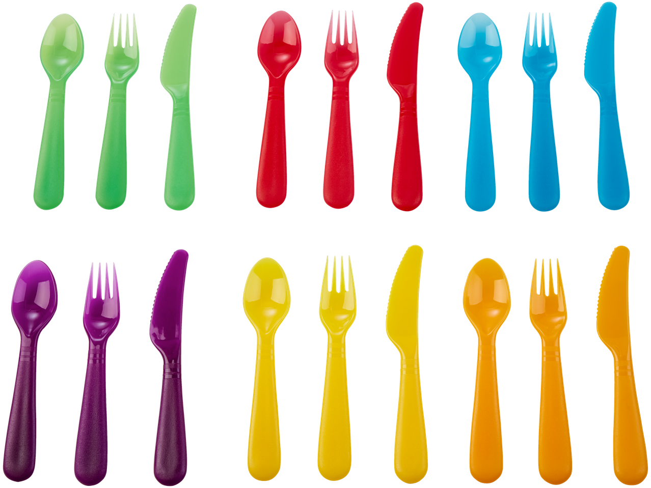 Värvilised plastikust lusikad, kahvlid ja noad.