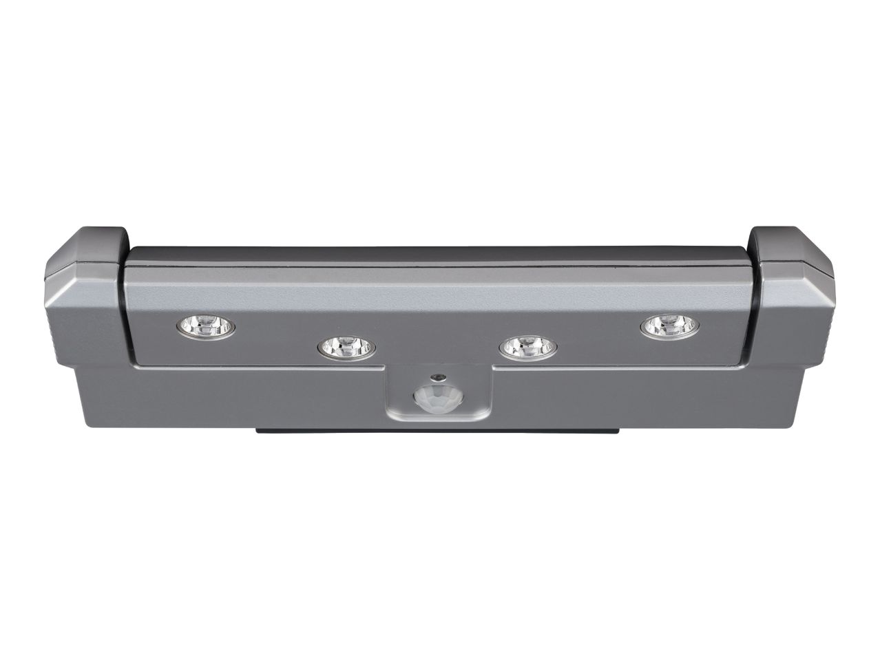 Silver LED light bar with four lights and a motion sensor.