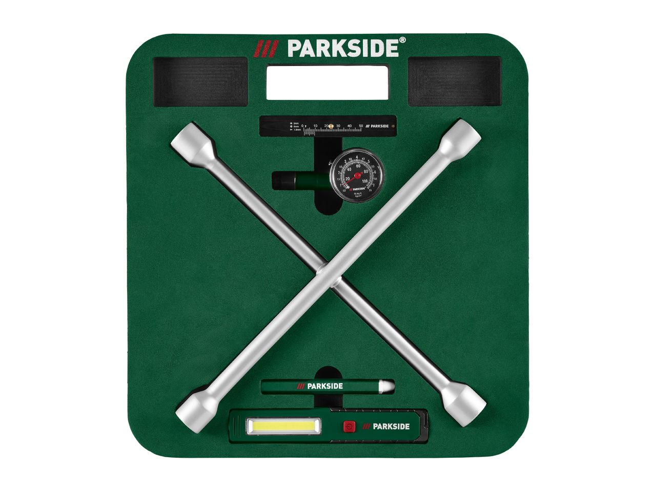Parkside tire changing kit with a cross wrench, pressure gauge, and flashlight.