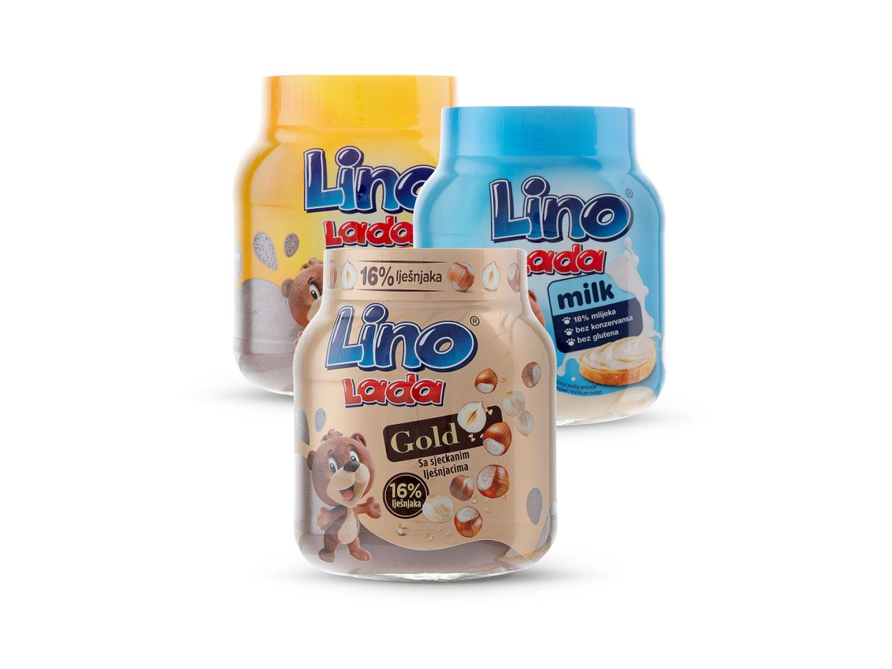 Tri staklenke Lino Lada namaza: Gold, Milk i Lada.