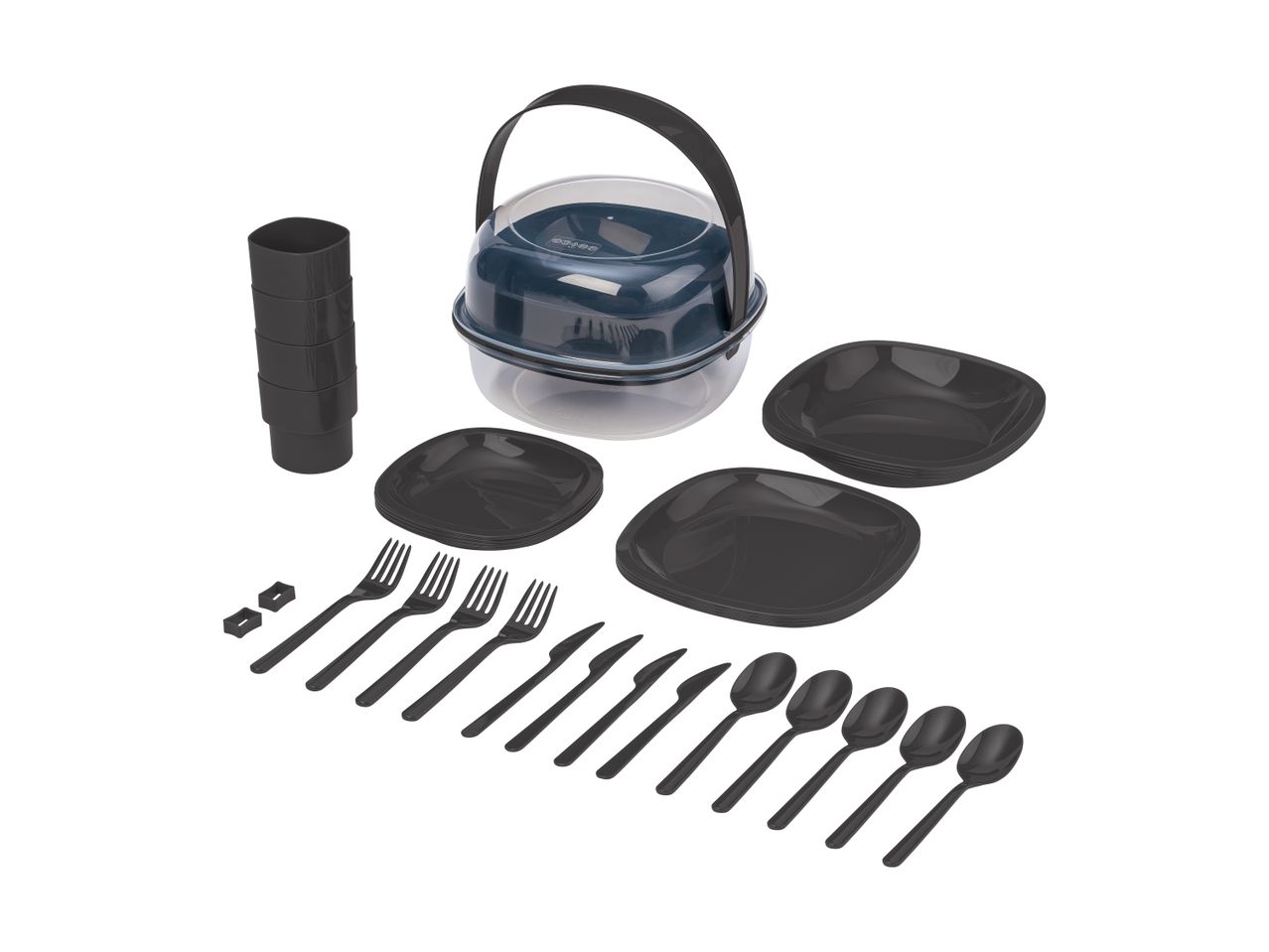 Picnicsæt med mørkegrå tallerkener, bestik, kopper og en gennemsigtig beholder med håndtag.