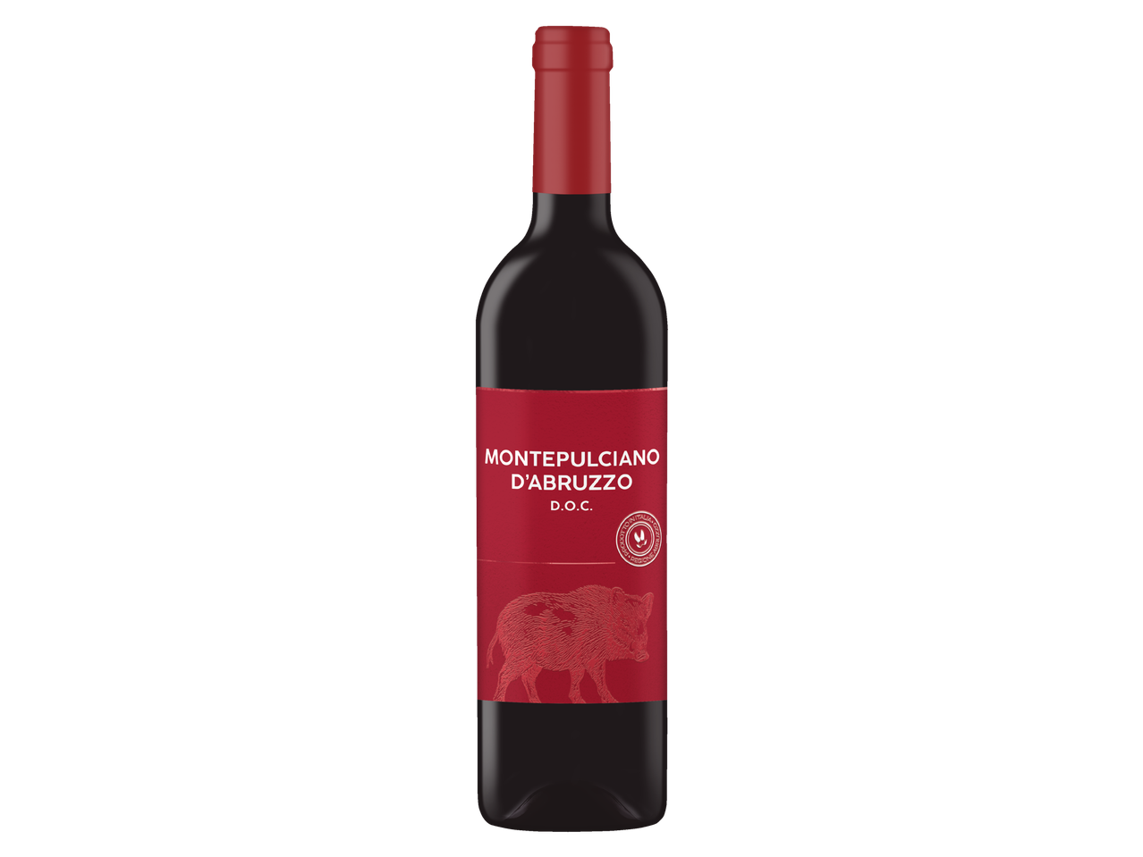 Chiaravita Montepulciano d'Abruzzo DOC red wine bottle with a wild boar illustration.