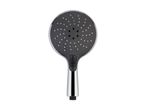 A chrome and black handheld shower head with multiple spray settings on a white background.