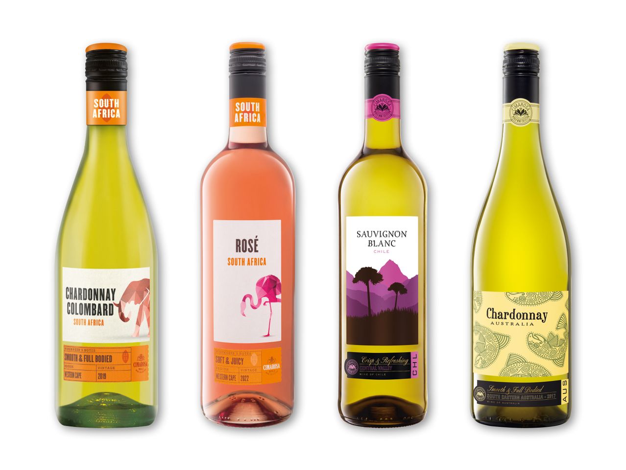 Fire flasker Cimarosa vin: Chardonnay Colombard, Rosé, Sauvignon Blanc og Chardonnay.
