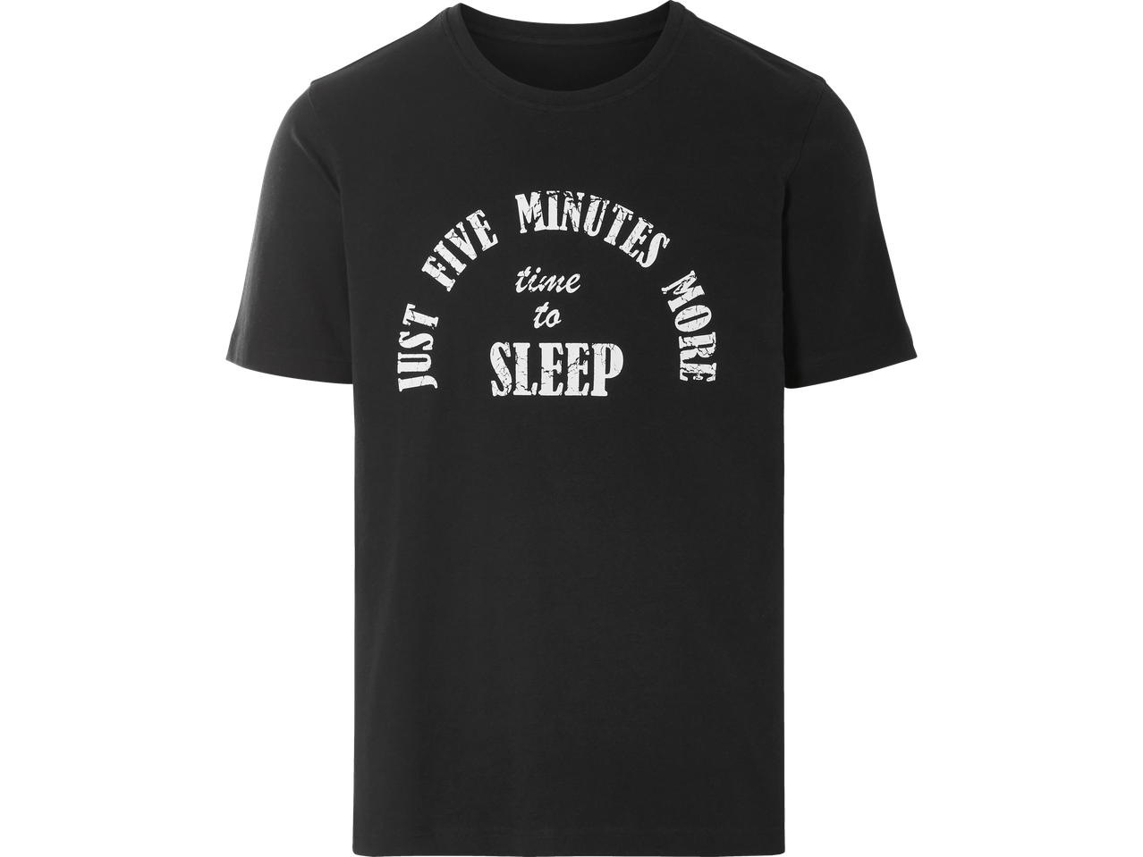 Melns t-krekls ar tekstu 'Just five minutes more time to sleep'.