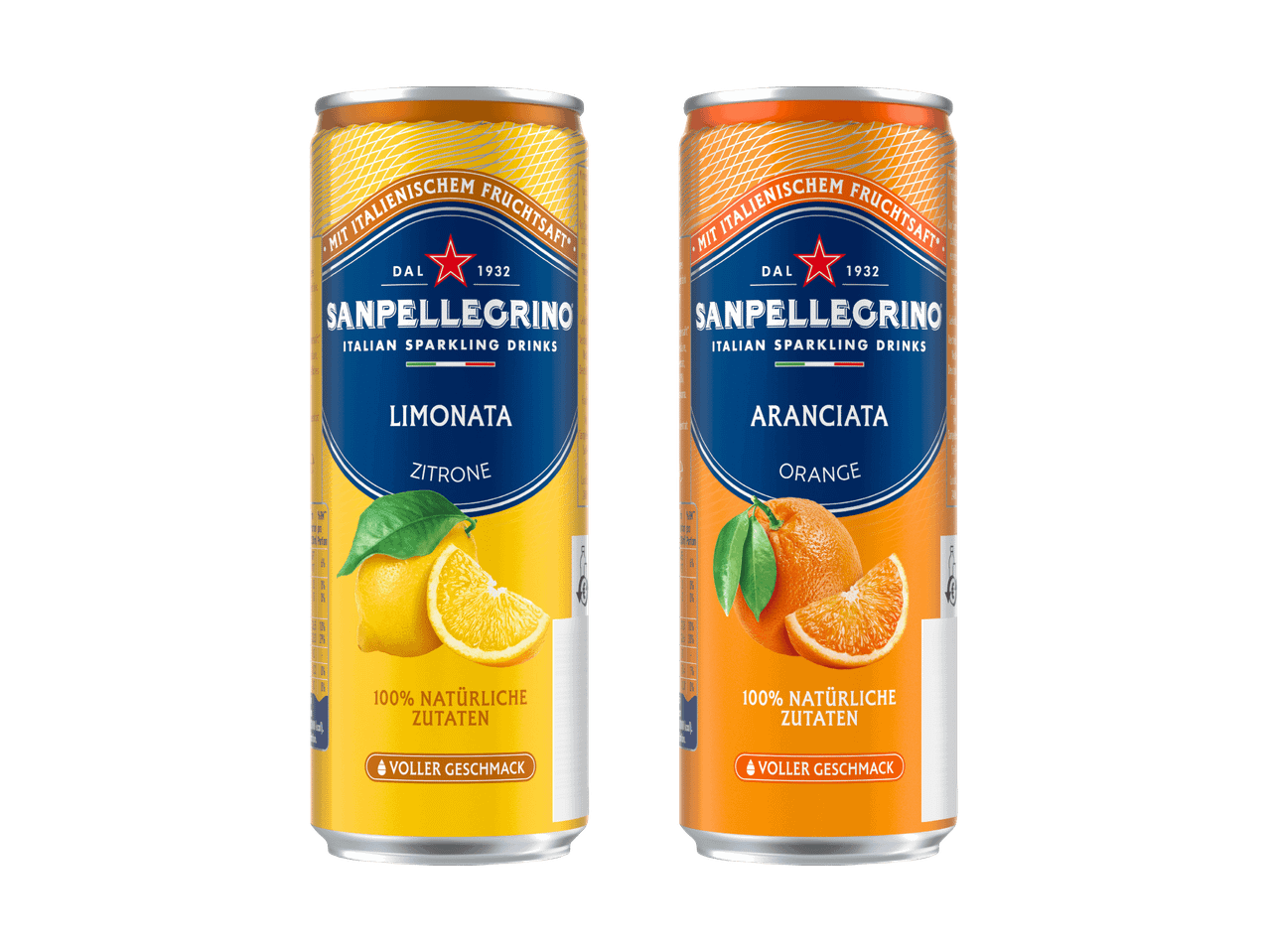 Zwei Dosen Sanpellegrino: Limonata Zitrone und Aranciata Orange, beide mit 100% natürlichen Zutaten.
