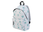 Sac à dos blanc avec un motif de feuilles turquoise, vue de côté.