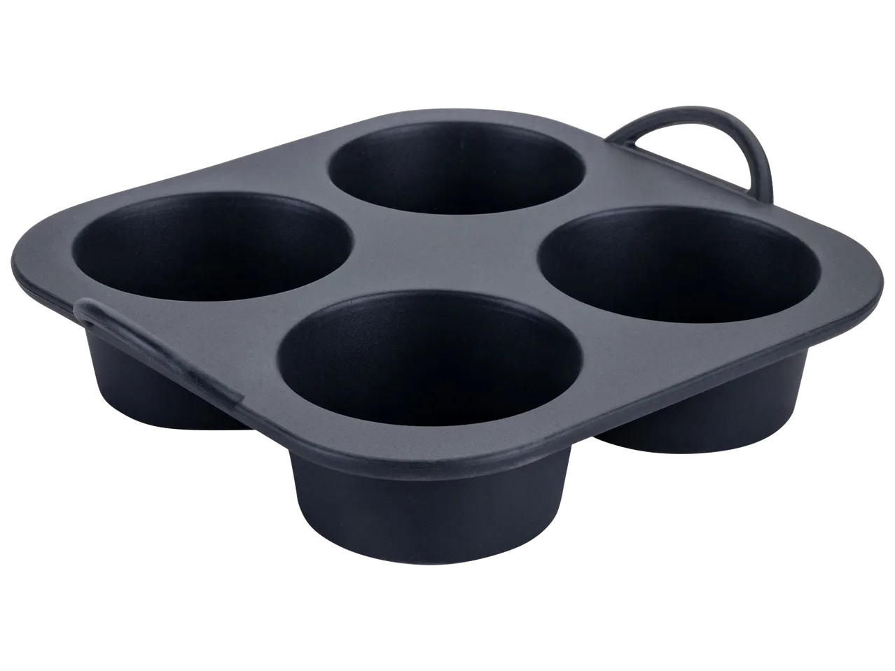 Moule à muffins ou à cupcakes en silicone noir à quatre cavités.
