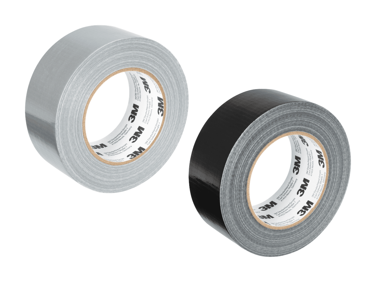 Zwei Rollen 3M Klebeband, eine graue und eine schwarze.