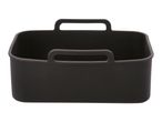Black rectangular silicone air fryer basket with two handles.
