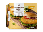 Pakke med 4 klassiske kyllingeburgerbøffer, 500g, med tilberedningsinstruktioner.