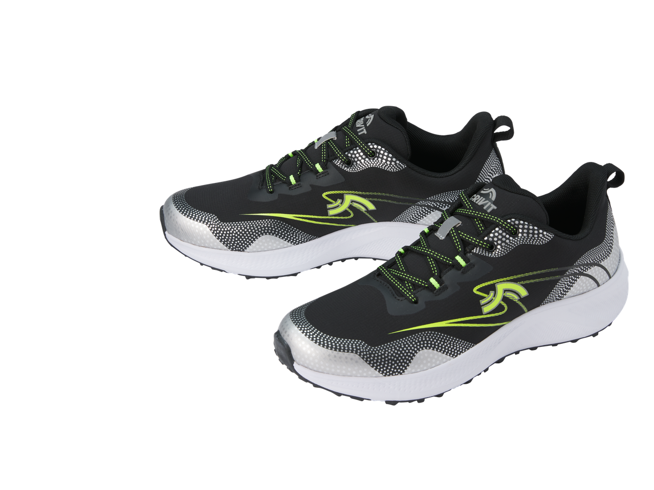 Melni Crivit sporta apavi ar neona zaļām un sudraba detaļām