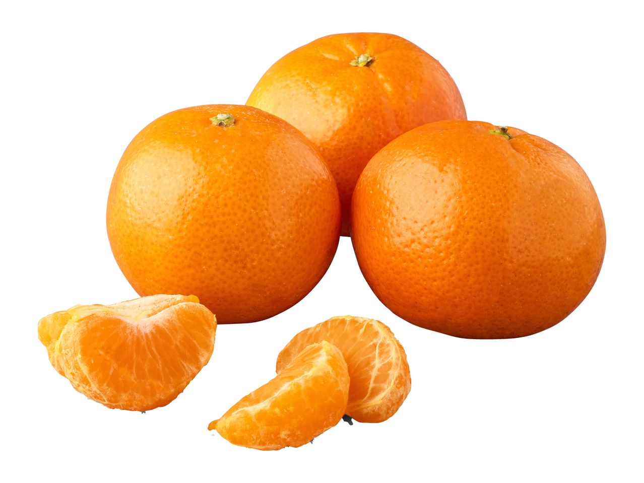 Three whole tangerines and two peeled tangerine segments on a white background.