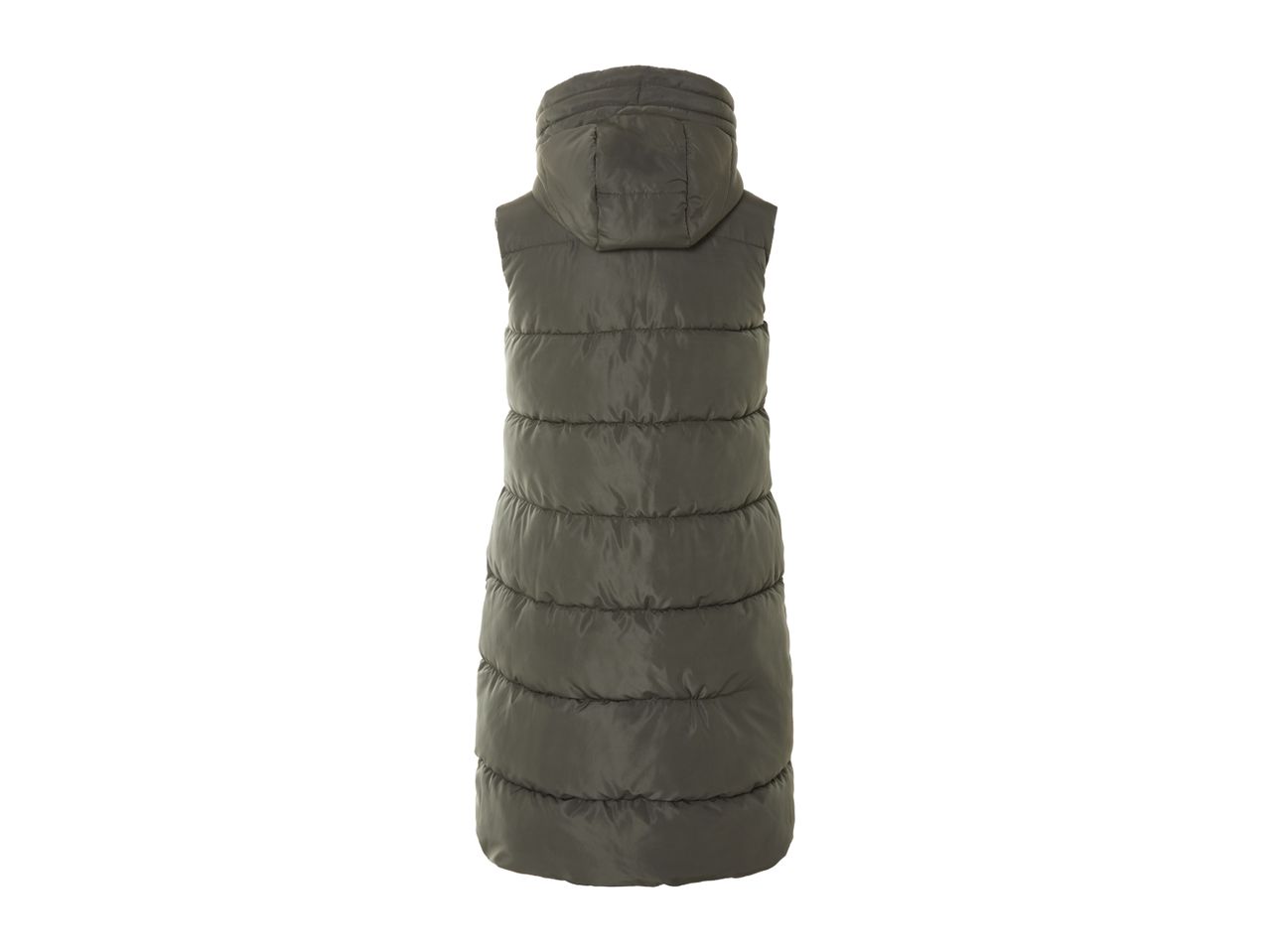 Back view of a long, dark green hooded puffer vest.