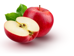 A whole red apple and a half-cut red apple with green leaves.