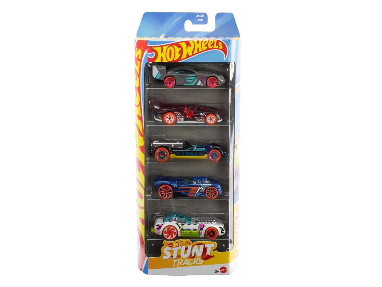 A Hot Wheels Stunt Tracks 5-pack featuring various colorful toy cars in a clear package.
