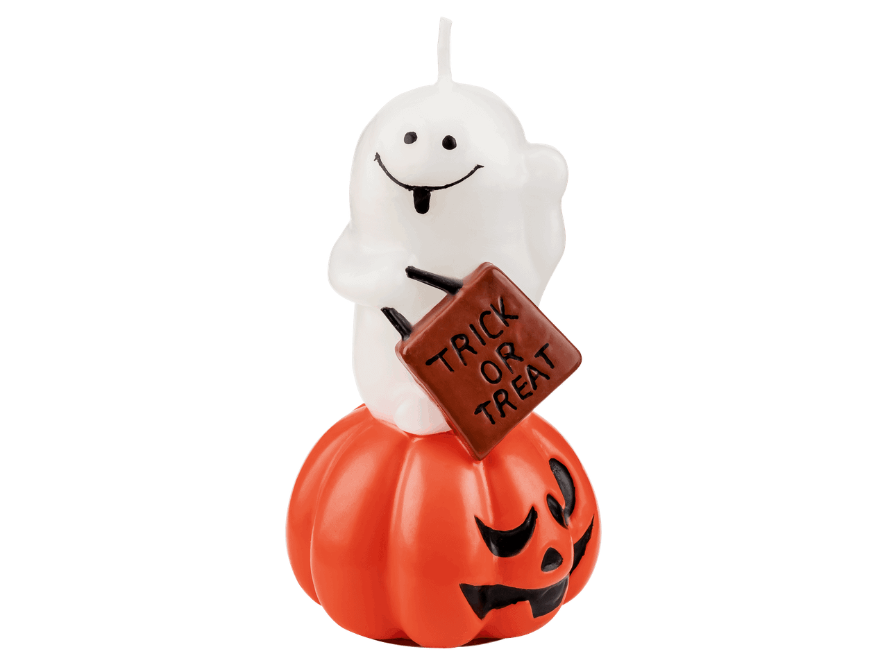 Szellem és tök alakú halloweeni gyertya Trick or Treat feliratú táskával.