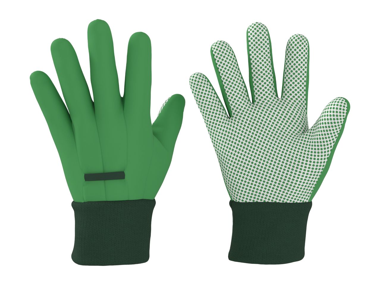 Pair of green gardening gloves, one showing the plain back and the other the dotted palm.