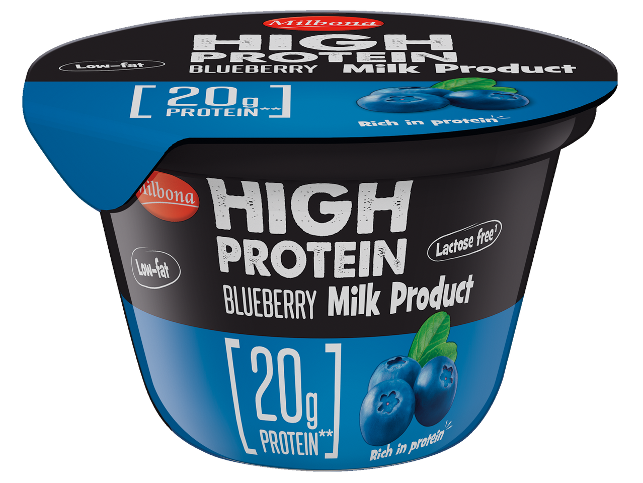 Milbona High Protein Bosbessen Melkproduct, mager en lactosevrij, met 20g eiwit.