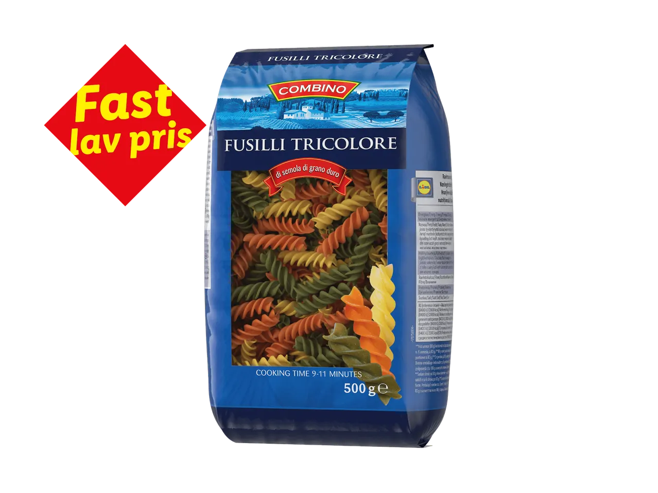 En pose tricolore fusilli pasta med et rødt skilt, der proklamerer 'Fast lav pris'.