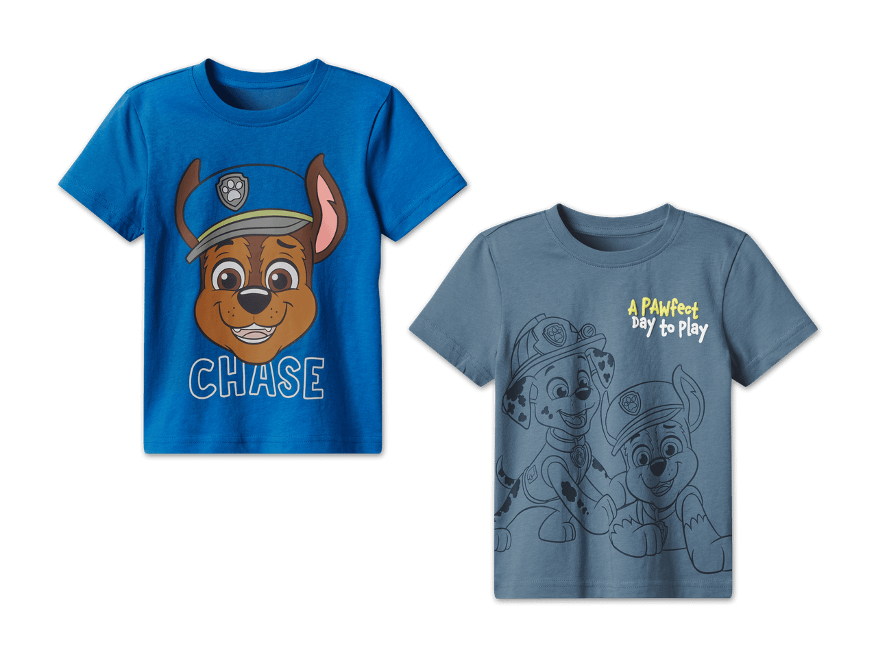 Zwei Paw Patrol T-Shirts: ein blaues mit Chase und ein graues mit Marshall und Rubble.