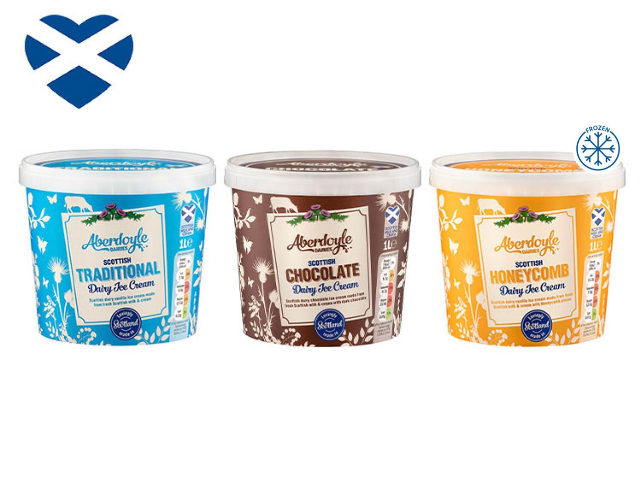 Three tubs of Scottish dairy ice cream: Traditional, Chocolate, and Honeycomb flavors.