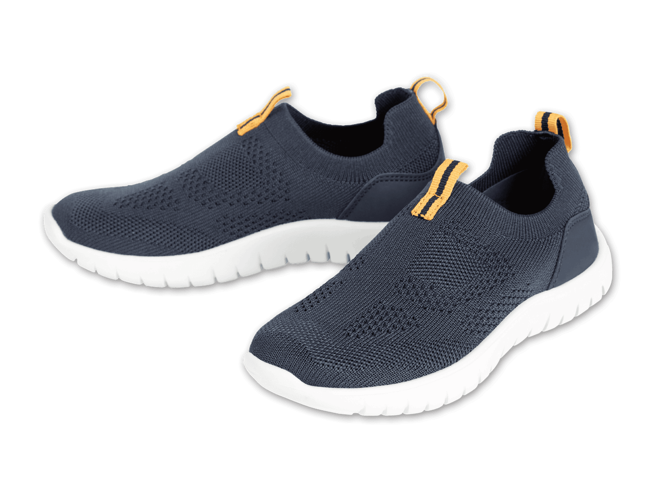 Ein Paar dunkelblaue Slip-On-Sneaker mit weißen Sohlen und orangefarbenen Akzenten.