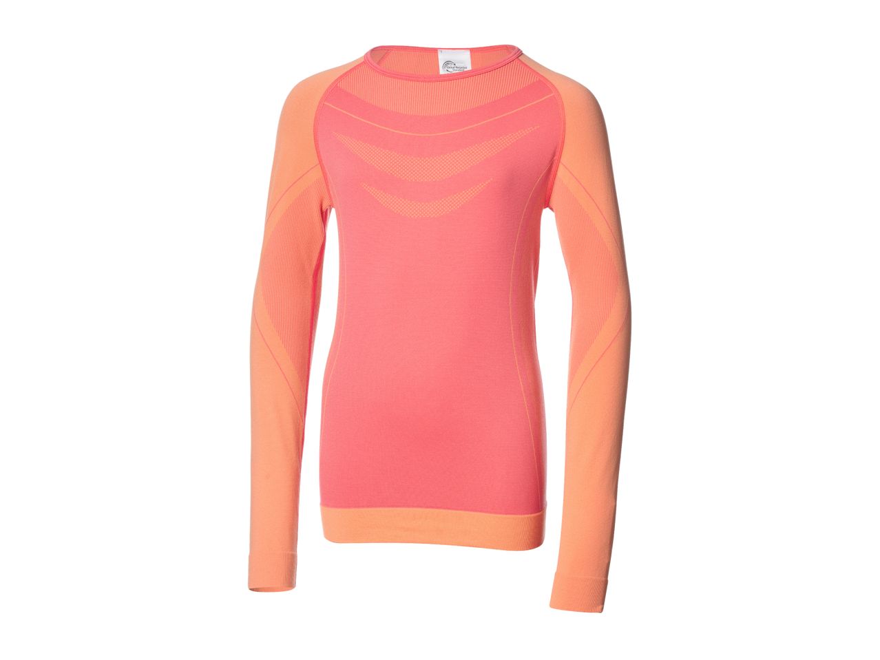 Coral and orange long-sleeved athletic shirt with a patterned chest and sleeves.