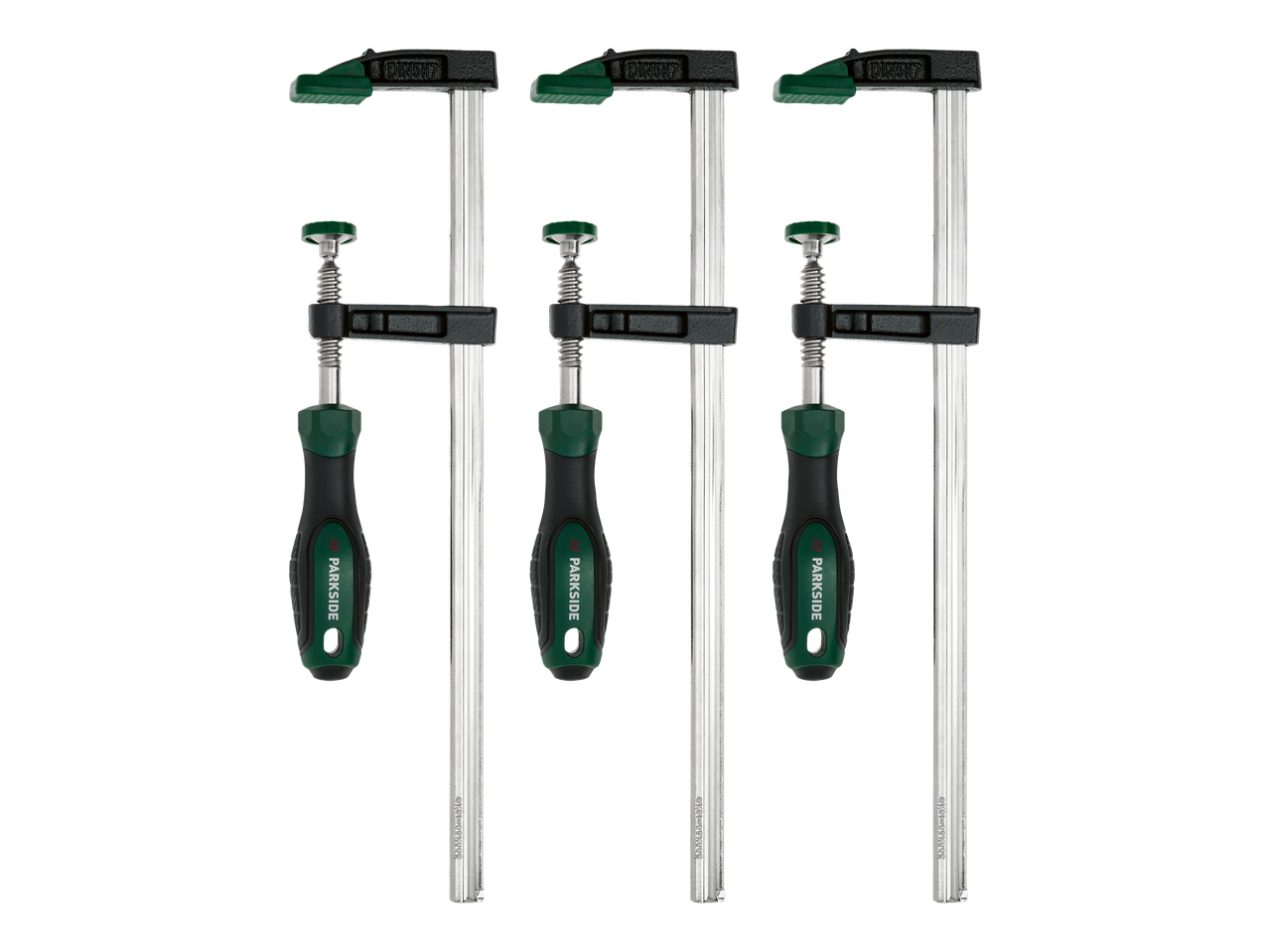 Three Parkside DIN5117 clamps are shown against a black background.
