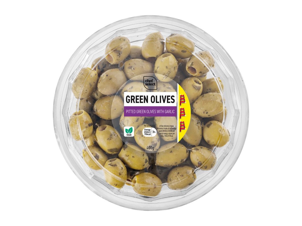 A clear plastic container of pitted green olives with garlic, labeled as vegan and 400g.