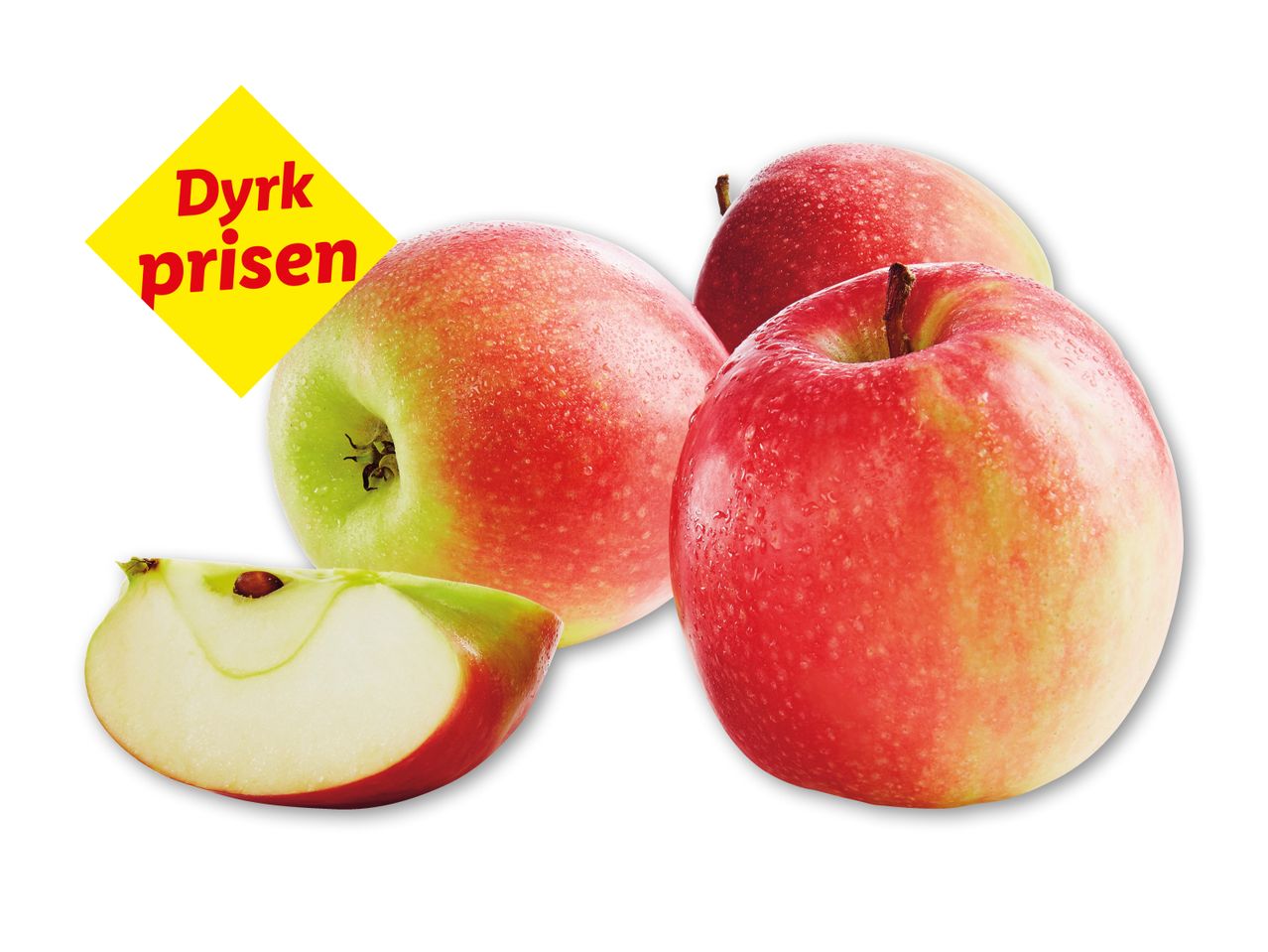 Røde æbler med vanddråber og et skåret æble, med teksten 'Dyrk prisen' på en gul etiket.