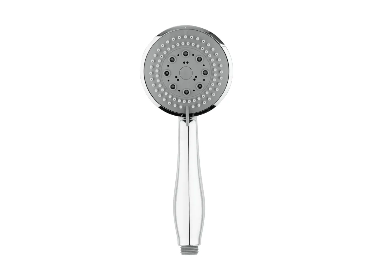 A chrome handheld shower head with a circular spray face.