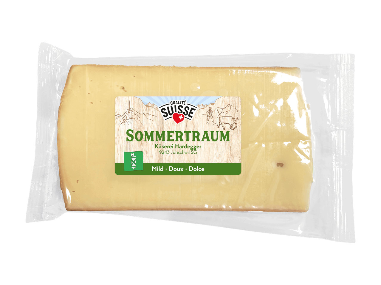 Fromage emballé sous vide avec une étiquette 'Sommertraum' et des illustrations de montagne.