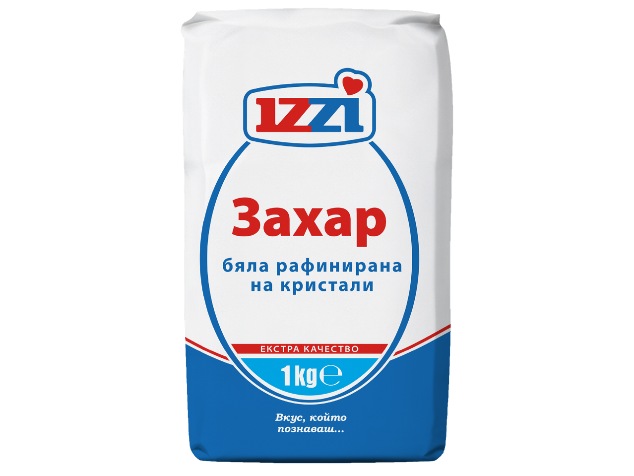 Пакет бяла рафинирана захар на кристали, 1 кг, с надпис „Екстра качество“.