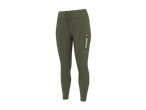 Olive green women's athletic leggings with a drawstring waist, side pocket with a neon yellow zipper, and a reflective logo.