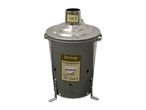 A 25L galvanized steel incinerator with a lid and a label showing safety diagrams.