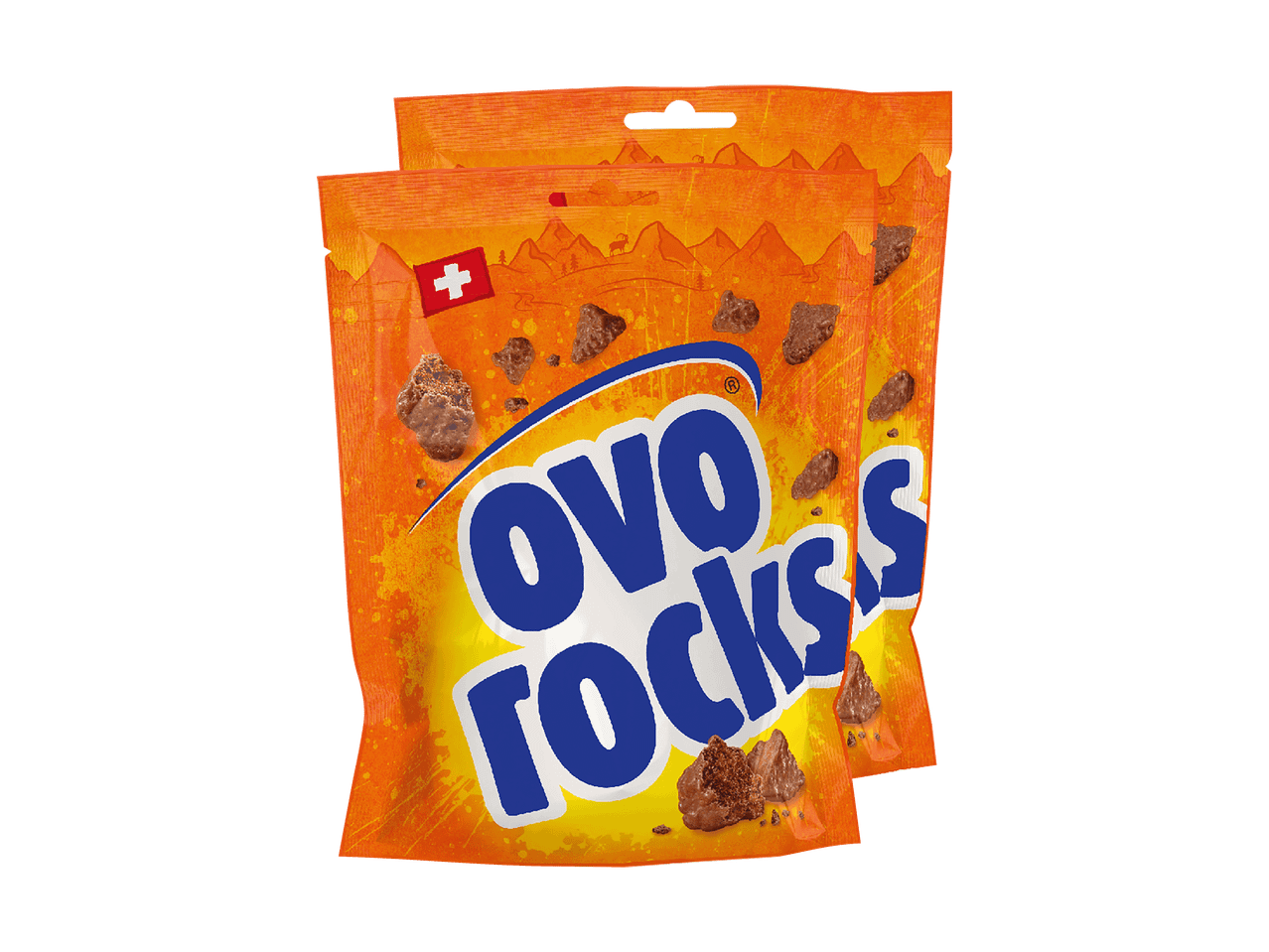 Deux sachets de friandises chocolatées orange et jaune avec des montagnes et un drapeau suisse.