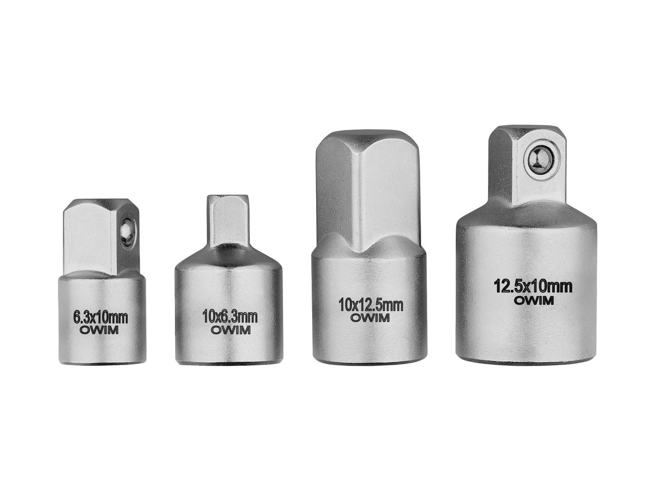 OWIM prekės ženklo adapteriai, skirti veržliarakčiams: 6.3x10mm, 10x6.3mm, 10x12.5mm ir 12.5x10mm.