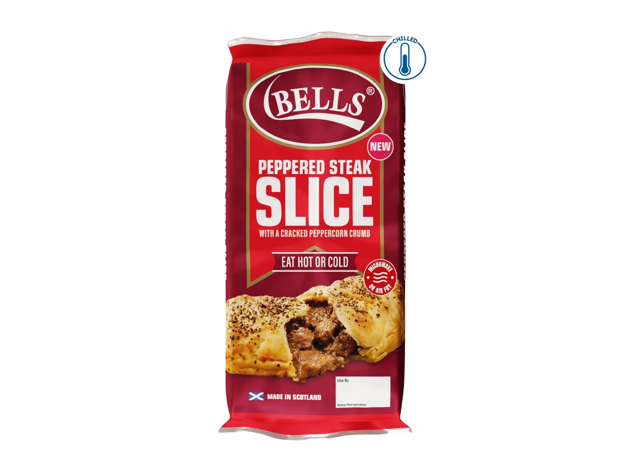 Red packaging for a chilled peppered steak slice with a cracked peppercorn crumb, made in Scotland.