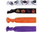 Four Halloween-themed hair ties: white with spiders, black with spooky icons, orange, and purple.